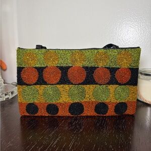 Beaded Mini Tote in Green, Orange & Black